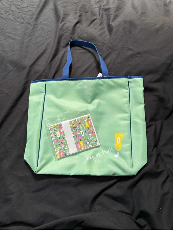 Clinique Handbags - Clinique / Kate Spade Mint Green Tote with Blue Handles and Cosmetic Motif
